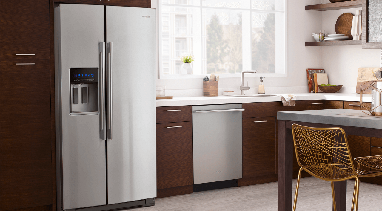 A side-by-side refrigerator in a kitchen