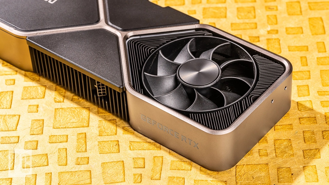 The Nvidia GeForce RTX 3080 graphics card at an angle